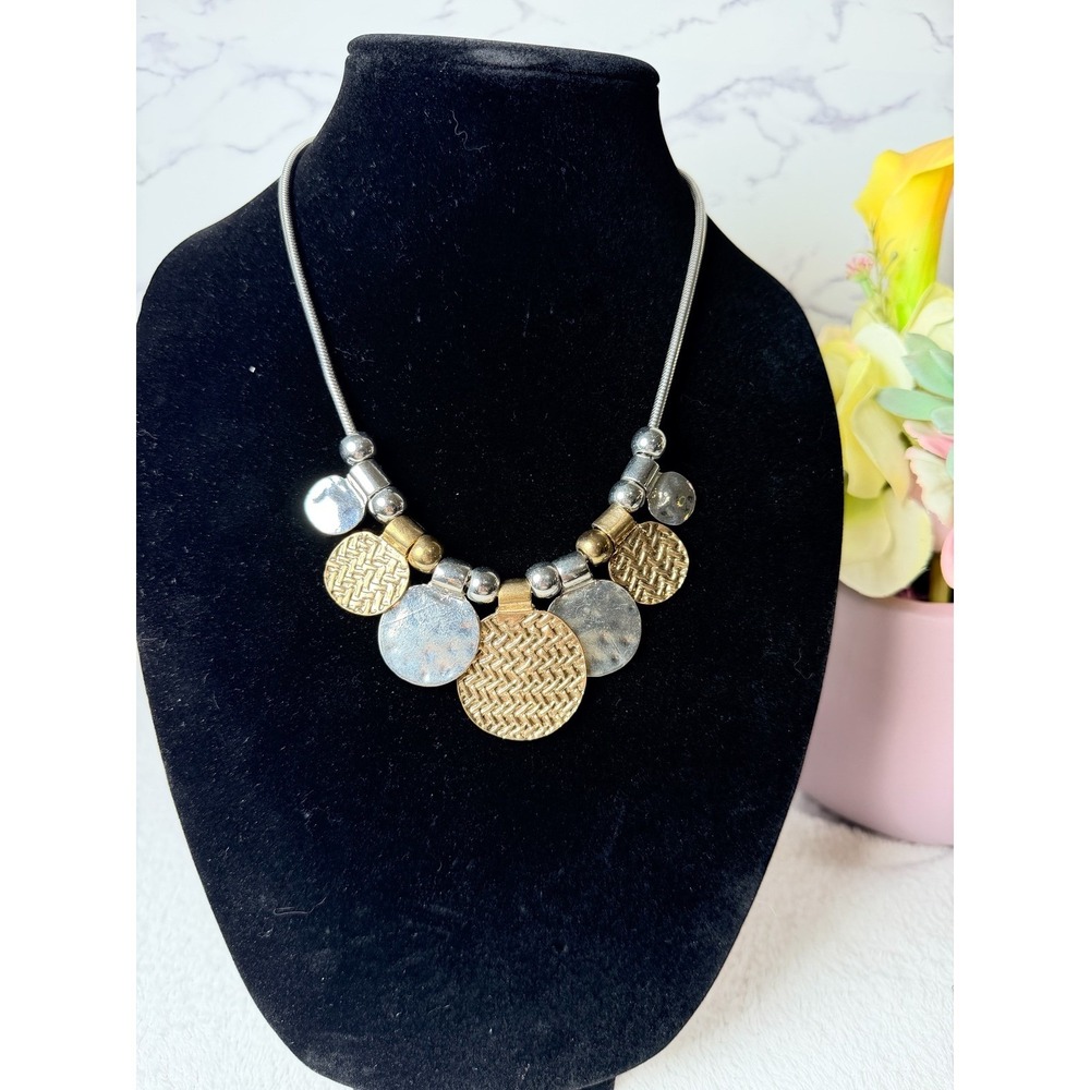 Erica Lyons Bib Necklace Women OS Mixed Metal Textured Disc Snake Chain Bohemian